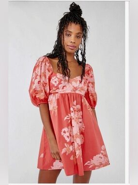 Floral Puff-Sleeve Mini Dress in Coral Pink